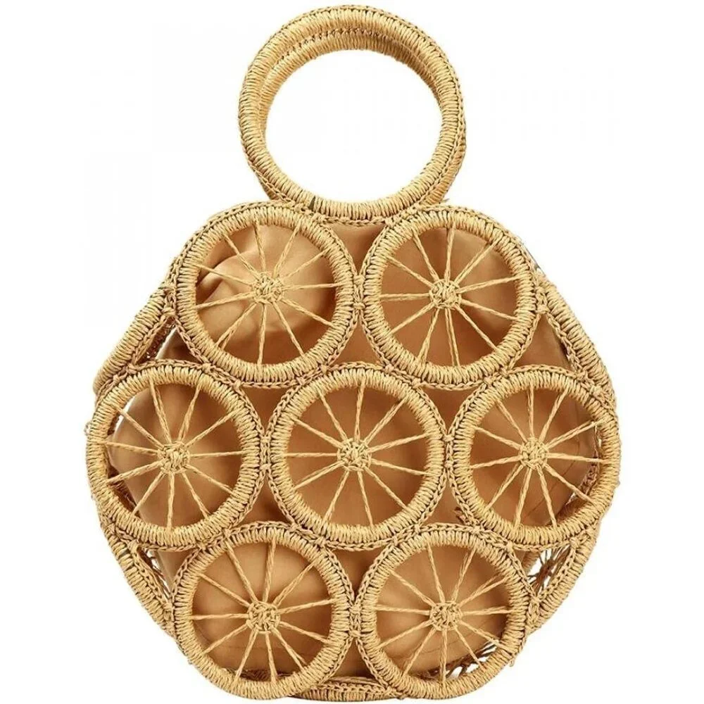 Women Straw Shoulder Bag Large Capacity Beach Tote Lemon Pattern Cotton Polyeste
